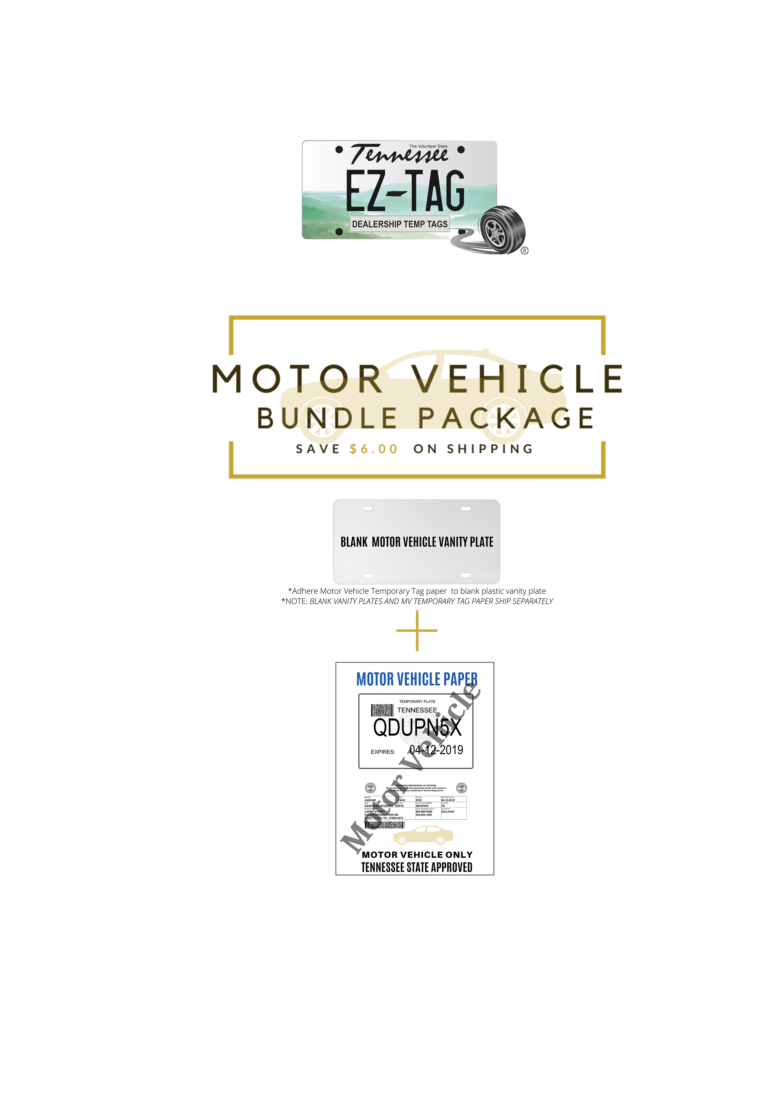EZ Tag Motor Vehicle Paper (100 pack) and Vanity Plates (100 pack) - Save $6.00 on Shipping with Bundling<br>